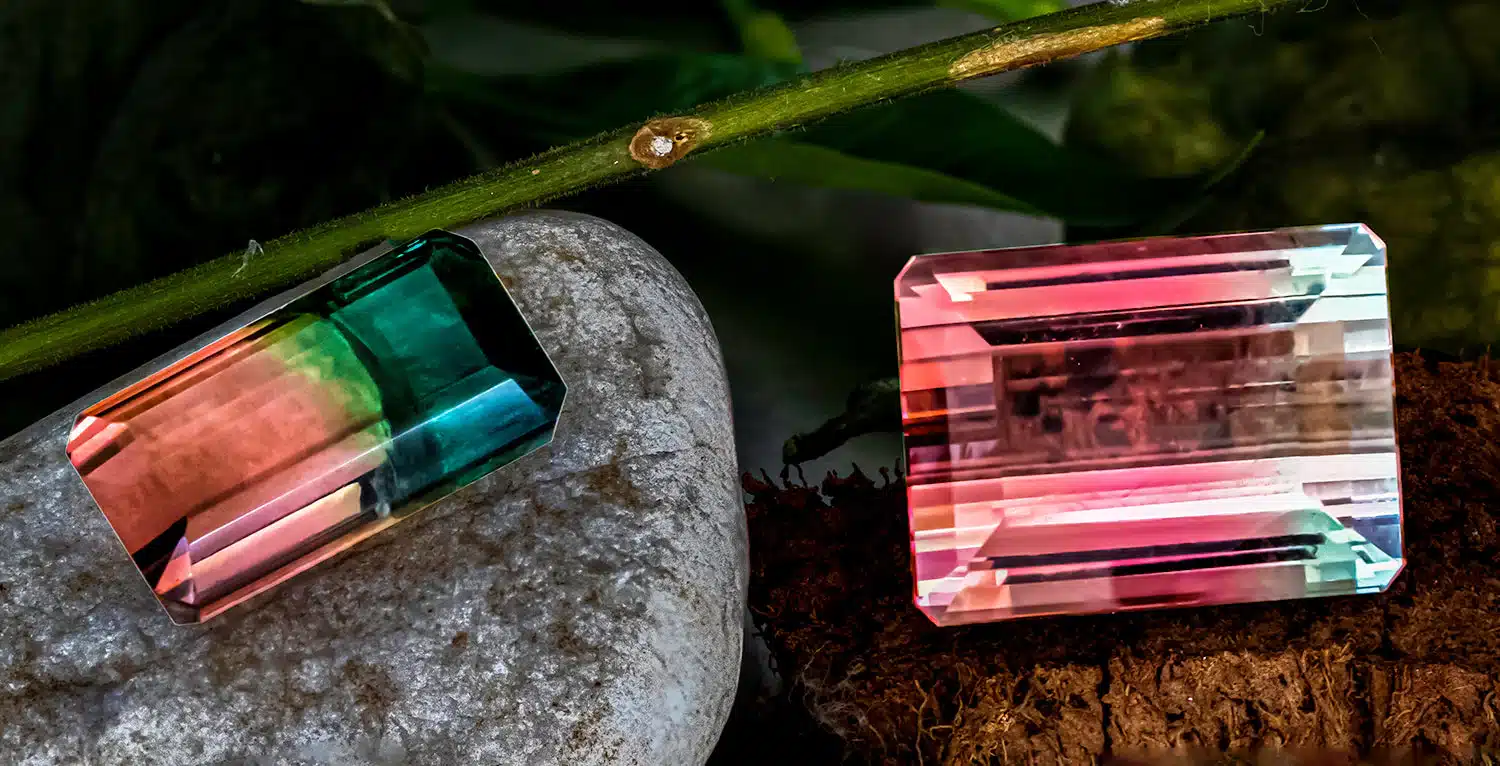 Blog Loose Natural Tanzanite GBi-Color and Watermelon Tourmaline - Hayat Gems Custom Cut Manufactureremstone, vivid violet-blue color, Trilliant Cut showing trichroism.