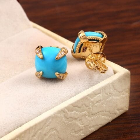 4k Gold Turquoise Stud Earrings with Diamonds Hayat Gems