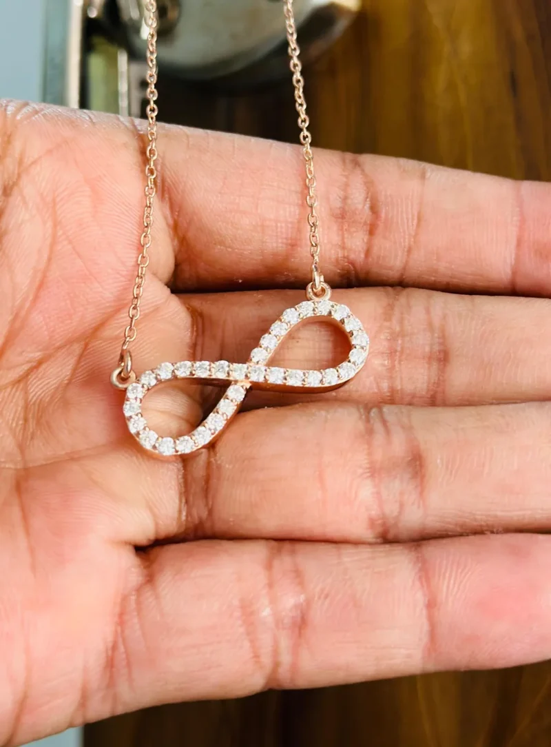 Infinity Moissanite Pendant Necklace Worn on Neck Size Reference